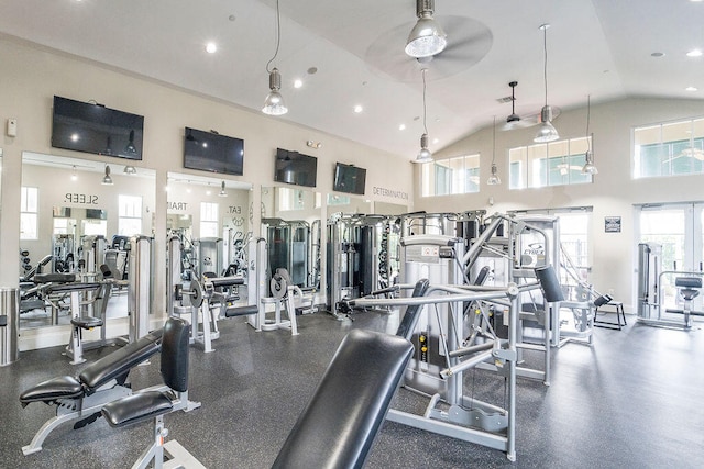 workout area with high vaulted ceiling and ceiling fan