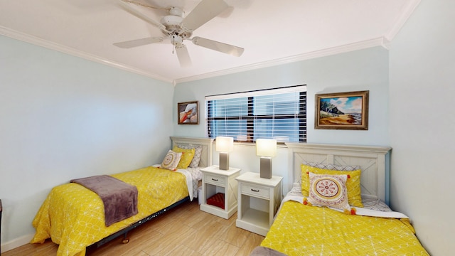 bedroom featuring ceiling fan, light wood-type flooring, and crown molding