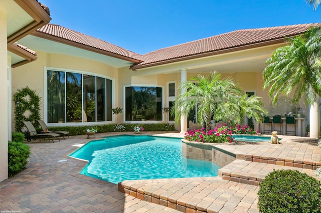 view of swimming pool featuring a patio area