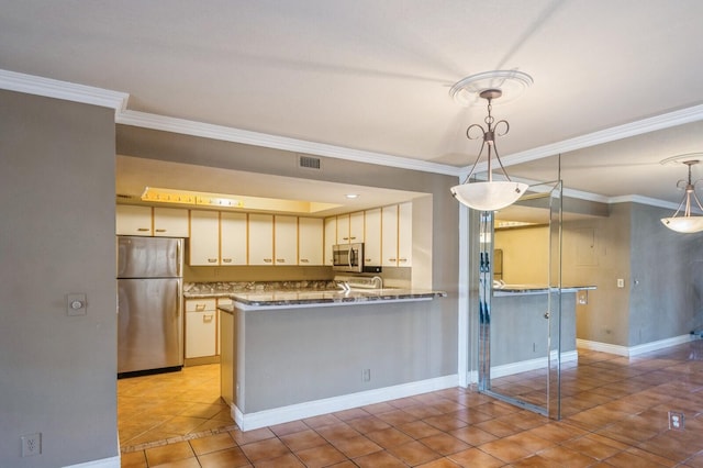 kitchen with kitchen peninsula, white cabinetry, stainless steel appliances, light tile floors, and pendant lighting