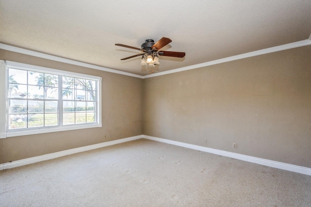 carpeted empty room with a textured ceiling, ceiling fan, and ornamental molding