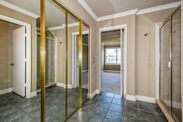 interior space featuring tile flooring and ornamental molding