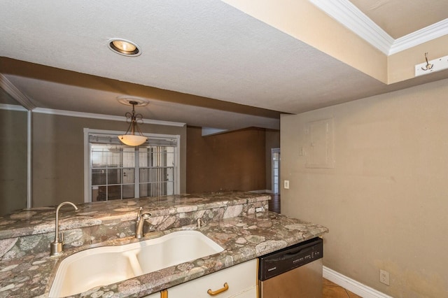 kitchen with sink, dark stone counters, crown molding, stainless steel dishwasher, and decorative light fixtures