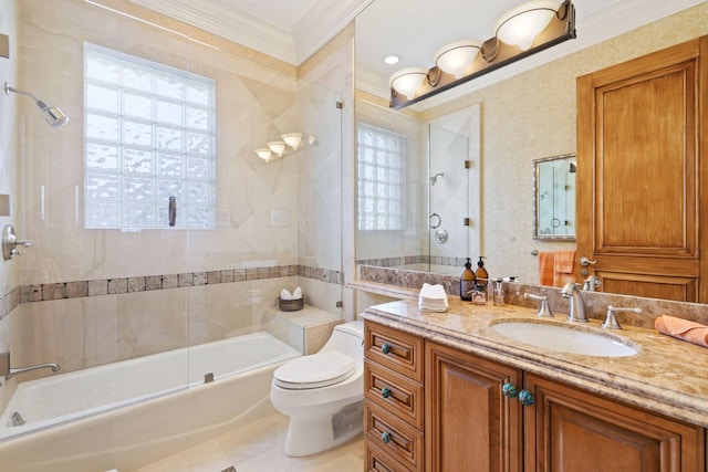 full bathroom with toilet, vanity, enclosed tub / shower combo, ornamental molding, and tile flooring