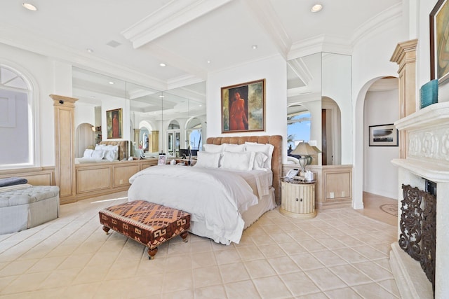 tiled bedroom featuring crown molding, multiple windows, coffered ceiling, and beamed ceiling