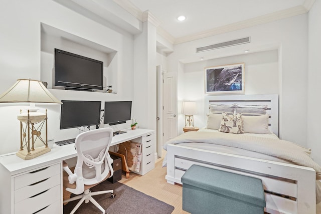 carpeted home office with crown molding