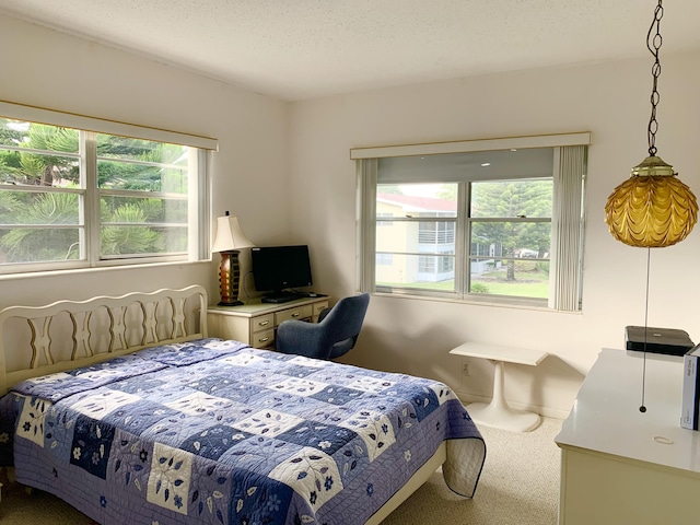 carpeted bedroom with a textured ceiling