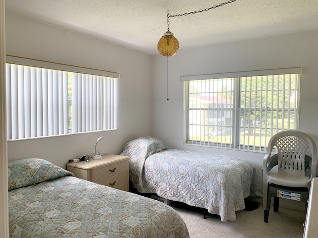 bedroom featuring a textured ceiling and carpet flooring