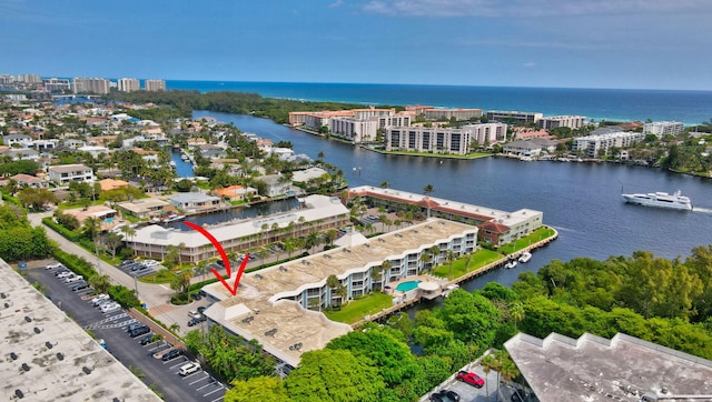 aerial view featuring a water view