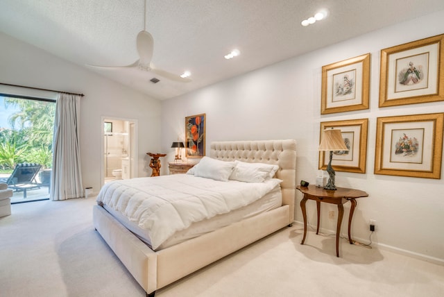 carpeted bedroom featuring connected bathroom, vaulted ceiling, ceiling fan, a textured ceiling, and access to outside