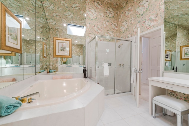 bathroom featuring tile flooring and independent shower and bath