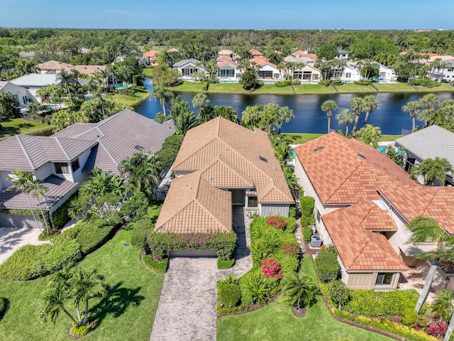 bird's eye view with a water view