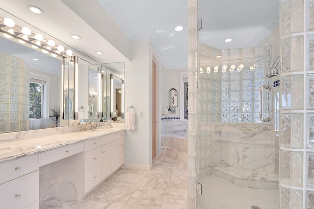 bathroom with an enclosed shower, vanity, and tile floors