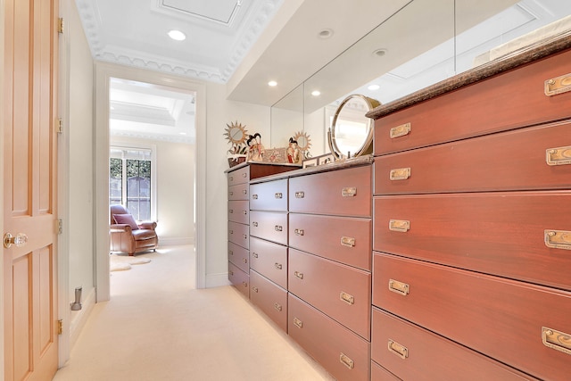 interior space with crown molding, light carpet, and a tray ceiling