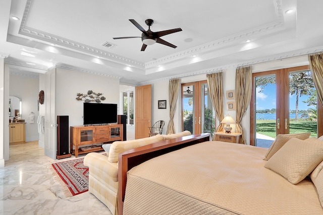 bedroom with access to outside, french doors, light tile floors, a raised ceiling, and ceiling fan