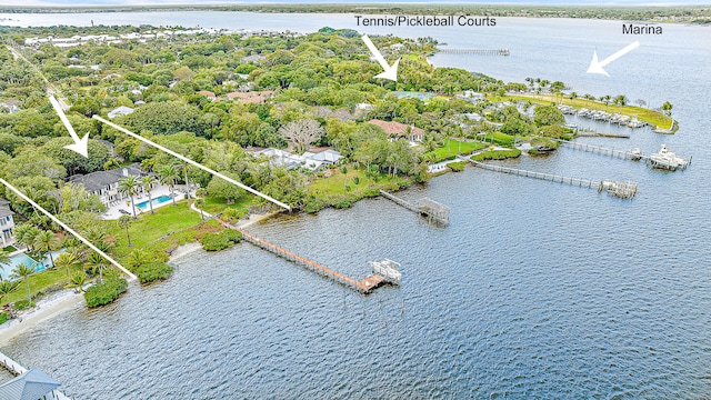 bird's eye view with a water view