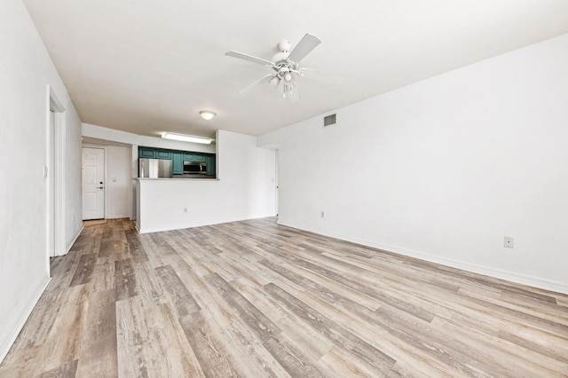 unfurnished living room featuring ceiling fan and light hardwood / wood-style flooring