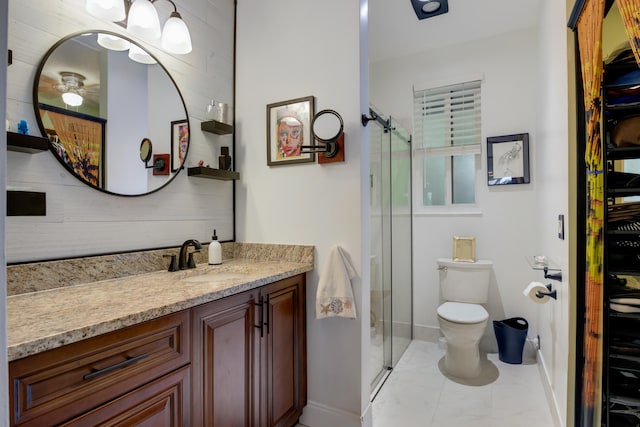 bathroom with walk in shower, toilet, tile floors, and vanity