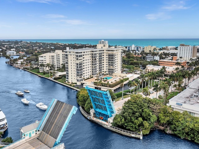 bird's eye view with a water view