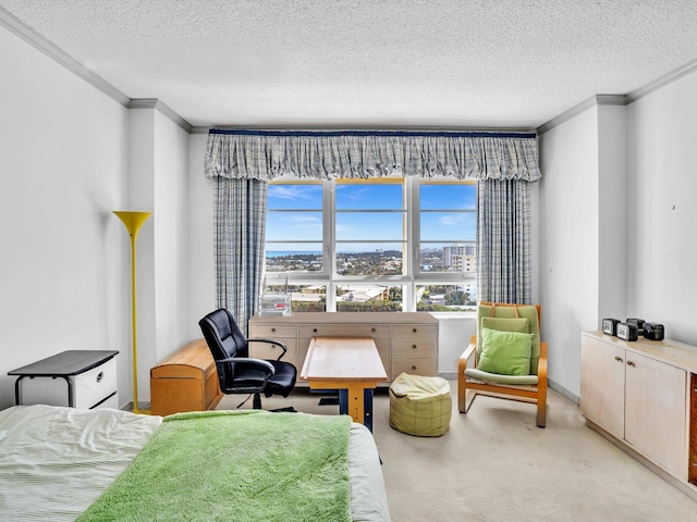 carpeted bedroom with crown molding and a textured ceiling