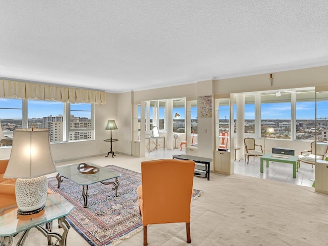 living room with a textured ceiling and light colored carpet