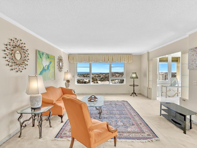 living room featuring ornamental molding, plenty of natural light, and light colored carpet