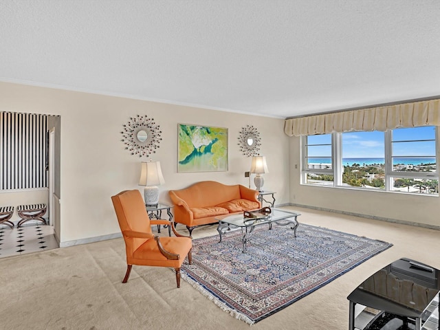 living room featuring crown molding, a water view, a textured ceiling, and light colored carpet