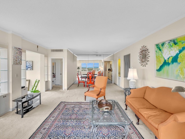 carpeted living room with crown molding