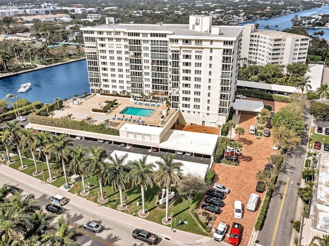 birds eye view of property featuring a water view