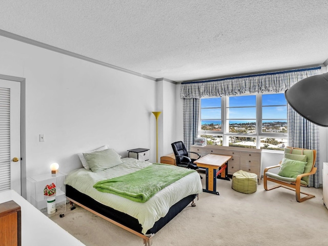 bedroom with light carpet and a textured ceiling