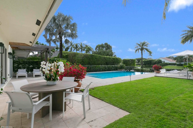 view of swimming pool with a lawn and a patio