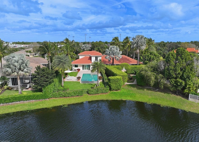 drone / aerial view featuring a water view