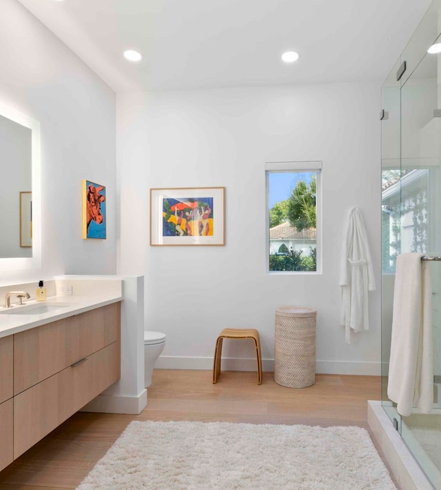 bathroom featuring toilet, vanity, a shower with shower door, and hardwood / wood-style flooring