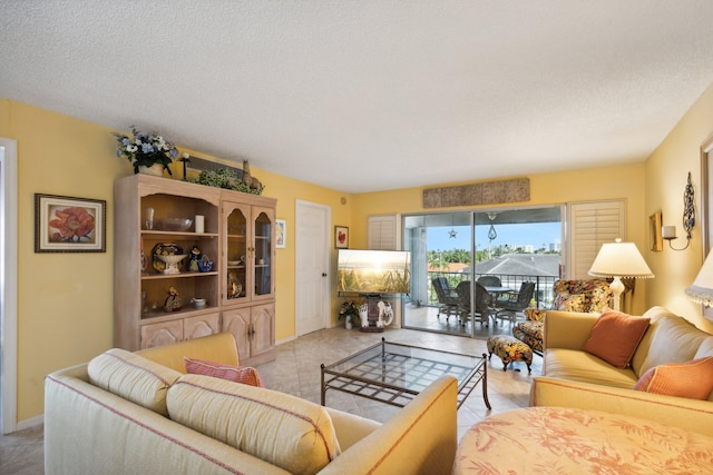 living room with a textured ceiling