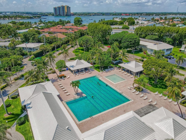 aerial view featuring a water view