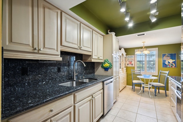 kitchen featuring pendant lighting, sink, backsplash, stainless steel dishwasher, and light tile patterned floors