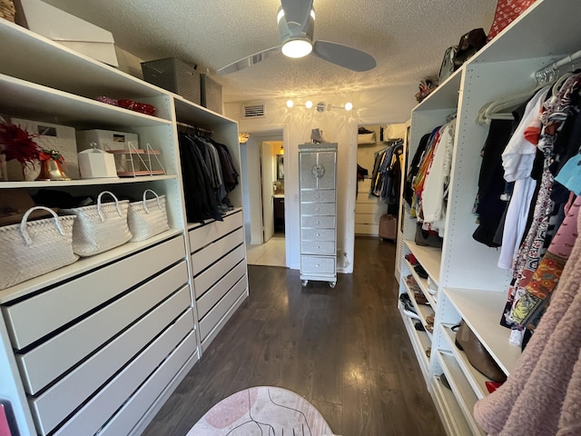 spacious closet with ceiling fan and dark hardwood / wood-style floors