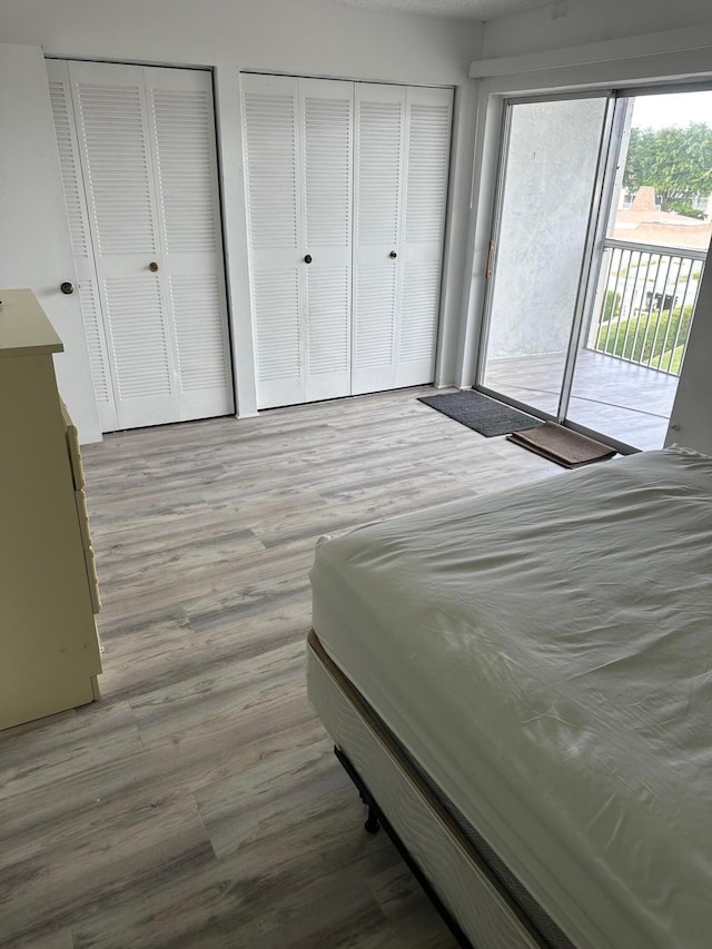 bedroom with wood finished floors, two closets, and access to exterior