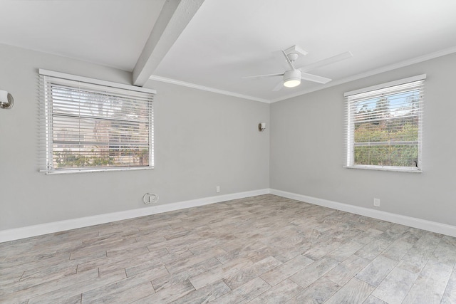 unfurnished room with a wealth of natural light, ceiling fan, ornamental molding, and light wood-type flooring