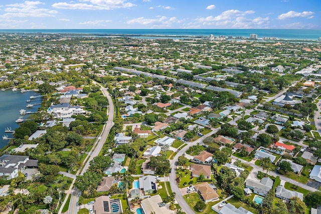 drone / aerial view featuring a water view