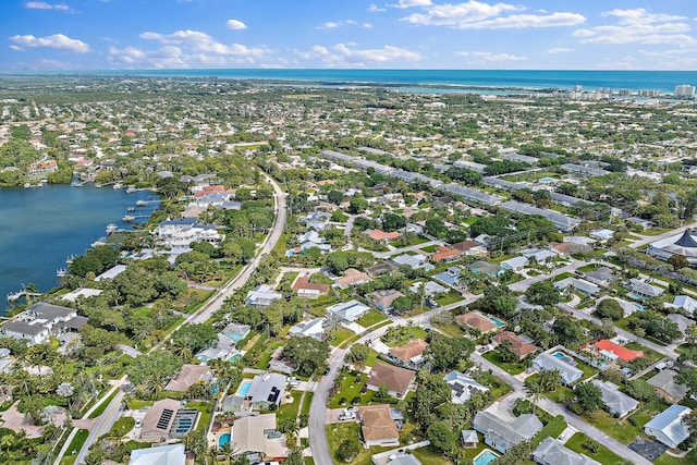 drone / aerial view featuring a water view