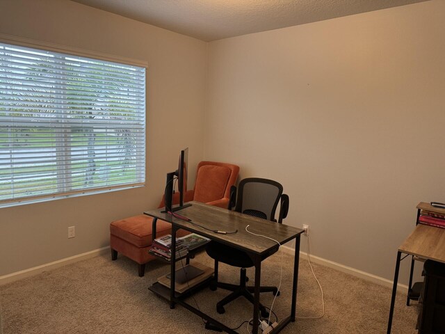 carpeted home office featuring a textured ceiling