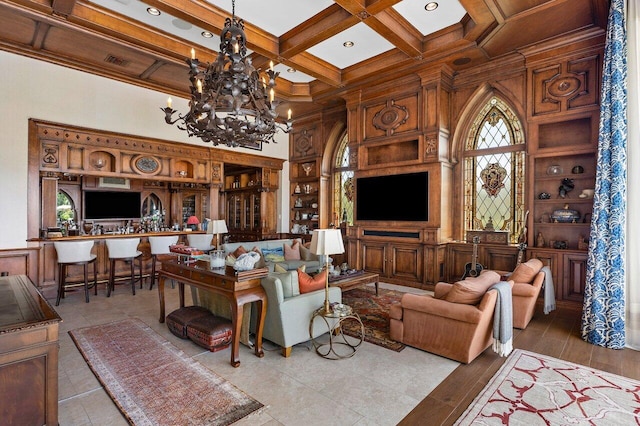 living room featuring coffered ceiling, an inviting chandelier, light tile floors, beam ceiling, and a towering ceiling