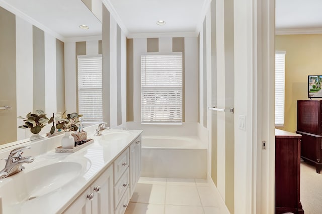 bathroom featuring crown molding, dual vanity, a bath to relax in, and tile flooring