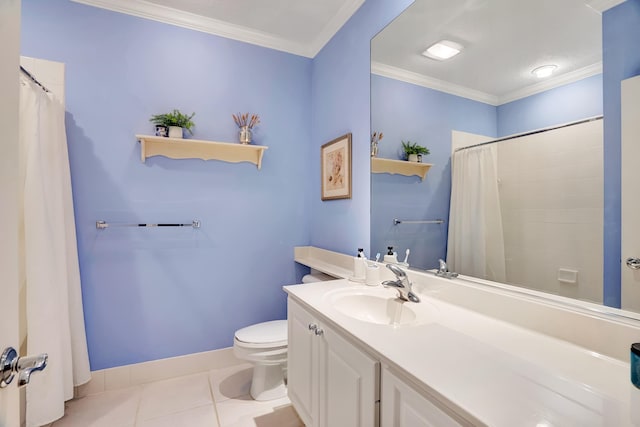 bathroom with toilet, ornamental molding, tile floors, and vanity