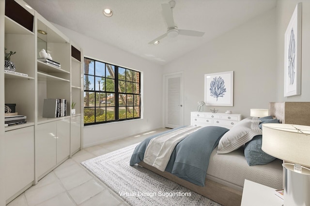 tiled bedroom with lofted ceiling, ceiling fan, and a closet