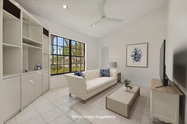 tiled living room with lofted ceiling and ceiling fan