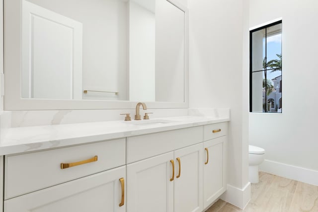 bathroom with toilet, hardwood / wood-style floors, and vanity