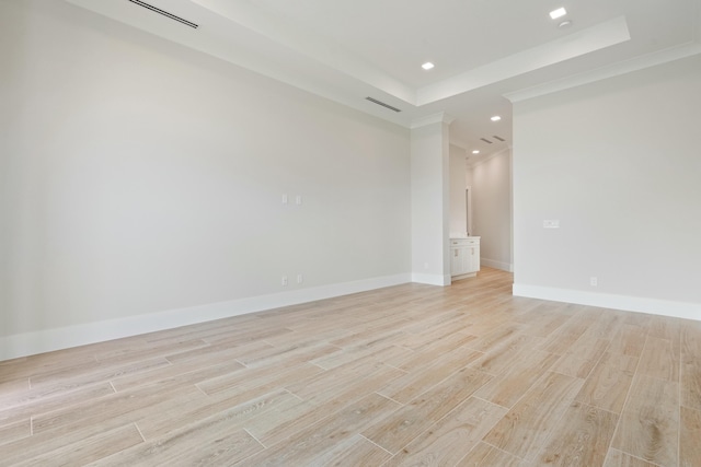 spare room featuring a tray ceiling and crown molding