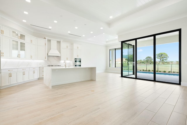 kitchen with a center island with sink, premium range hood, a tray ceiling, sink, and white cabinetry